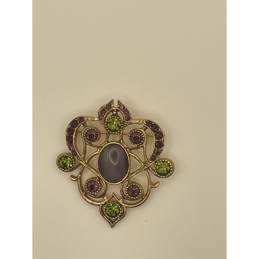 Vintage Large gold tone Green purple rhinestone purple Cabochon 1928 pin brooch